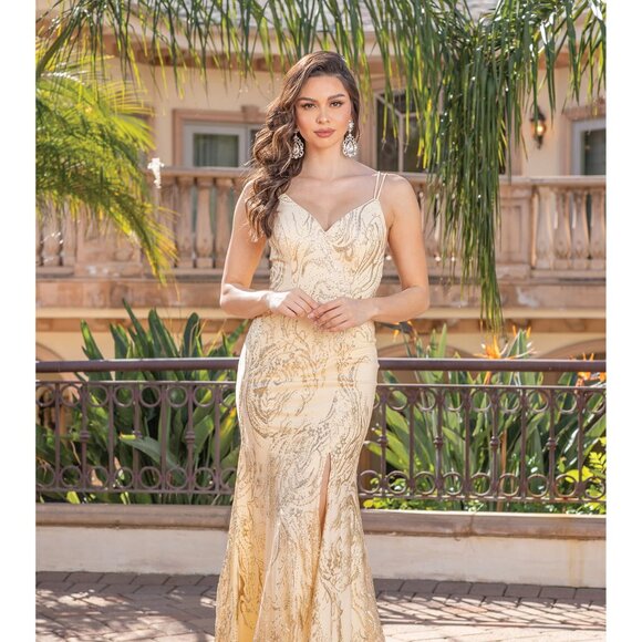 New Sequins Embellished Sheath Elegant Dress w/ Lace Up Back & Leg Slit DQ 4302 - Picture 7 of 9